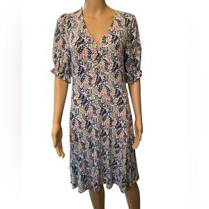 Boden Lemon Foliage Boho Flirty Feminine V Neck Stretch Mini Jersey Dress
